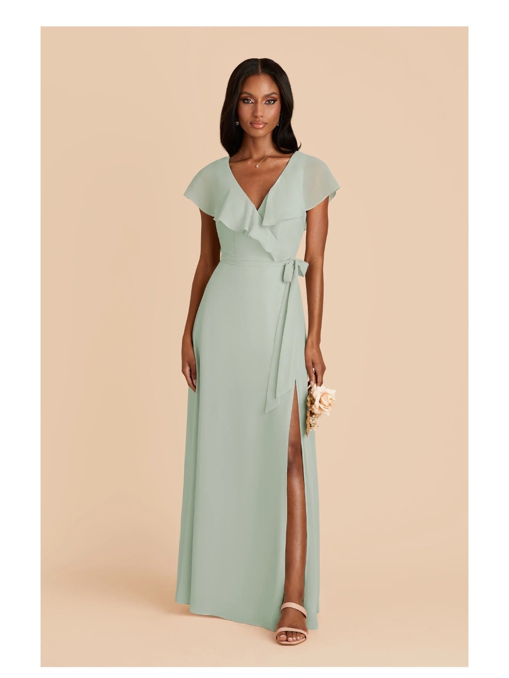 Birdy Grey Sage Green Ruffle Wrap Maxi Dress with Side Slit